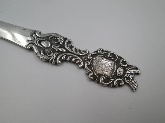 Shield letter opener. Silver plated metal. Vegetable motifs. Holland. 1980's