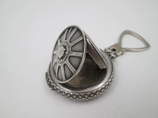 Shivas car wheel keychain watch. 935 sterling silver. Quartz movement. Golden dial. Swiss