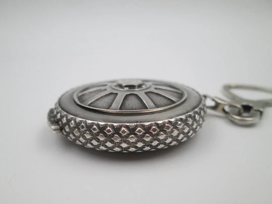 Shivas car wheel keychain watch. 935 sterling silver. Quartz movement. Golden dial. Swiss