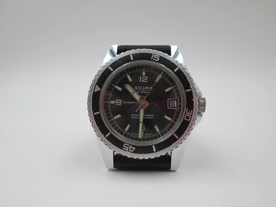 Sicura Super Waterproof 200 dive watch. Automatic. Steel / chrome metal. 1970's