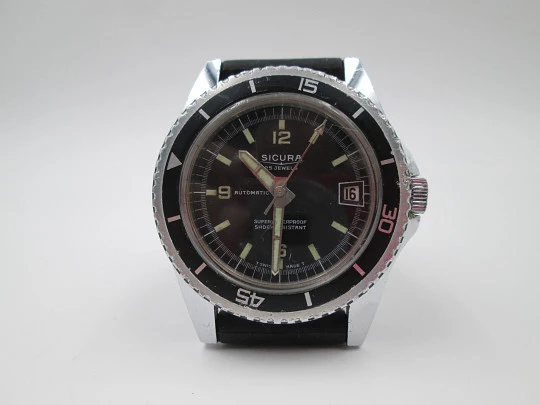 Sicura Super Waterproof 200 dive watch. Automatic. Steel / chrome metal. 1970's