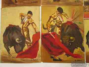 Siete óleos sobre pergamino. 1º XX. Escuela española. B. Saiz. Toros