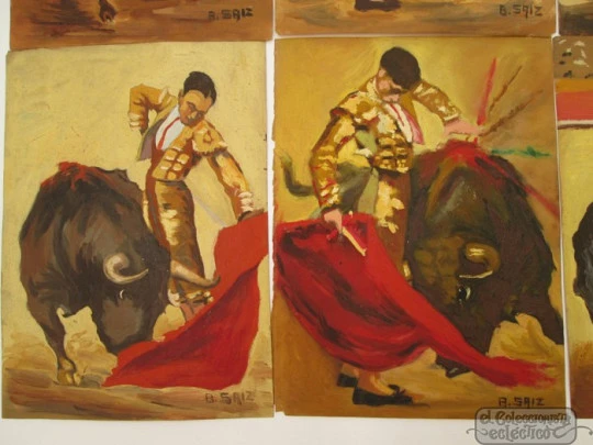 Siete óleos sobre pergamino. 1º XX. Escuela española. B. Saiz. Toros