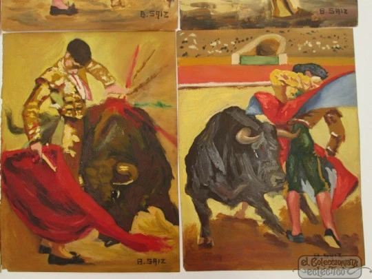 Siete óleos sobre pergamino. 1º XX. Escuela española. B. Saiz. Toros