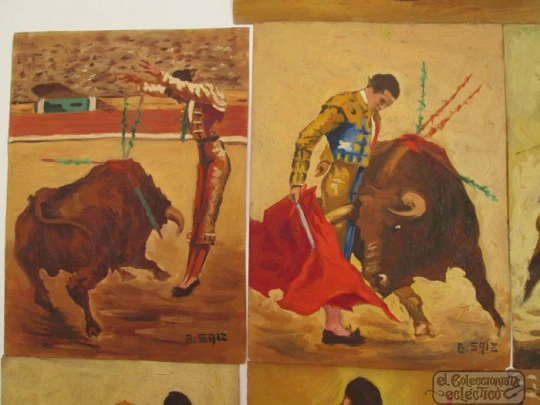 Siete óleos sobre pergamino. 1º XX. Escuela española. B. Saiz. Toros