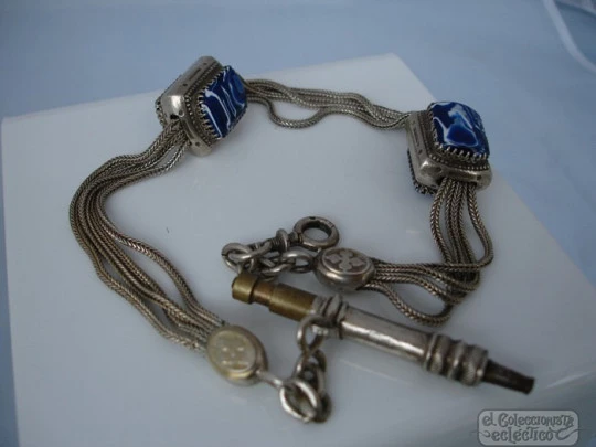 Silver chatelaine. Four threads watch chain. Ceramic slides