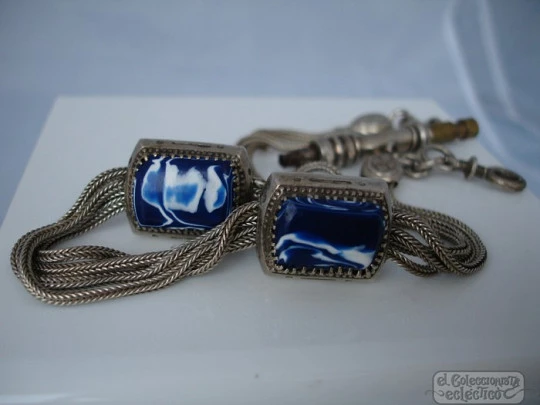 Silver chatelaine. Four threads watch chain. Ceramic slides