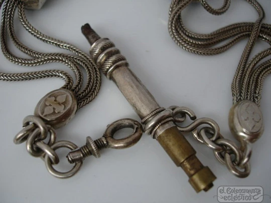 Silver chatelaine. Four threads watch chain. Ceramic slides