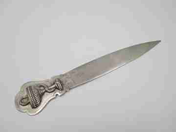 Silver desktop letter opener. Hygia Cup Pharmacy and vegetable motifs. 1970's