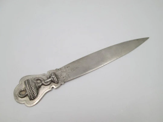 Silver desktop letter opener. Hygia Cup Pharmacy and vegetable motifs. 1970's