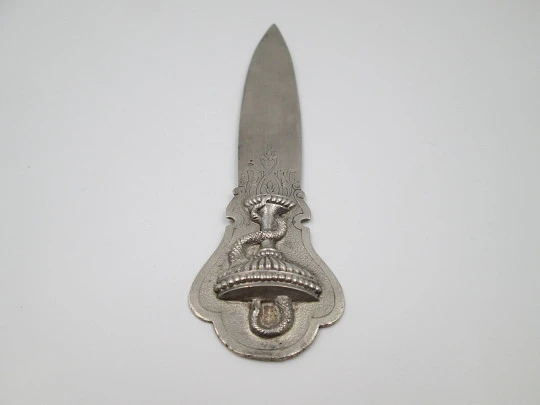 Silver desktop letter opener. Hygia Cup Pharmacy and vegetable motifs. 1970's