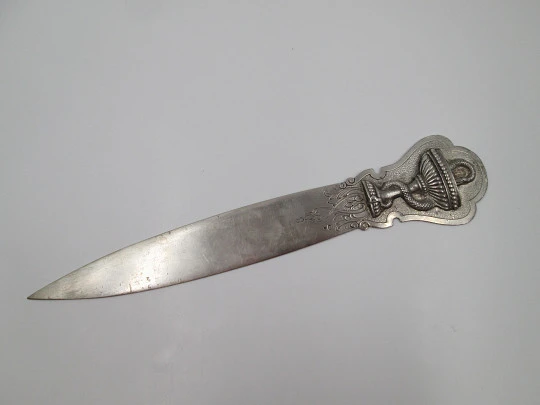 Silver desktop letter opener. Hygia Cup Pharmacy and vegetable motifs. 1970's