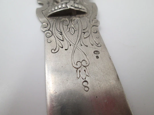 Silver desktop letter opener. Hygia Cup Pharmacy and vegetable motifs. 1970's