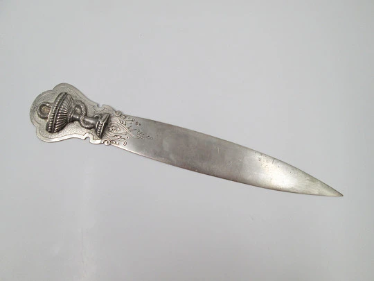 Silver desktop letter opener. Hygia Cup Pharmacy and vegetable motifs. 1970's
