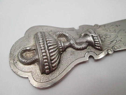 Silver desktop letter opener. Hygia Cup Pharmacy and vegetable motifs. 1970's