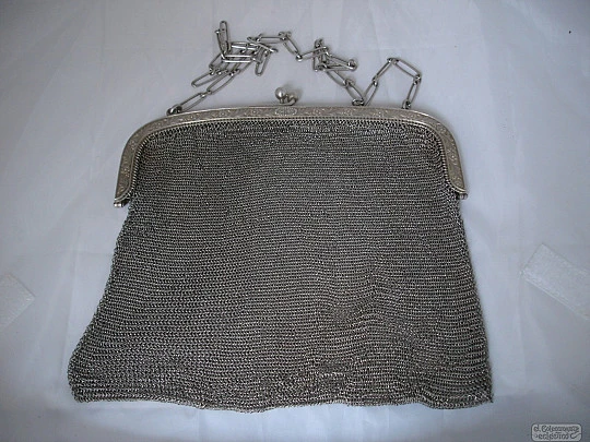 Silver mesh bag. Chain. 1920's. Ornate frame. Medallions