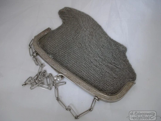 Silver mesh bag. Chain. 1920's. Ornate frame. Medallions