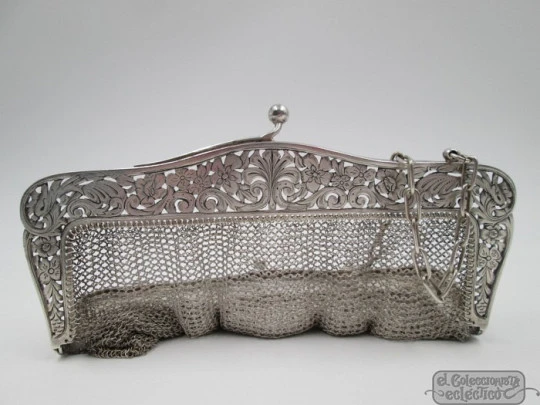 Silver mesh bag. Flowers openwork clutch frame. Chain. 1920's Silver mesh bag. Flowers openwork clutch frame. Chain. 1920's