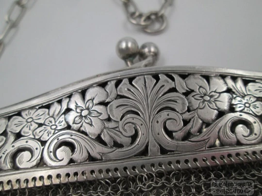 Silver mesh bag. Flowers openwork clutch frame. Chain. 1920's Silver mesh bag. Flowers openwork clutch frame. Chain. 1920's