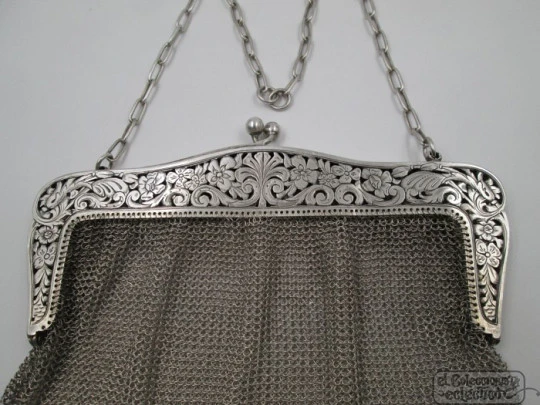 Silver mesh bag. Flowers openwork clutch frame. Chain. 1920's Silver mesh bag. Flowers openwork clutch frame. Chain. 1920's