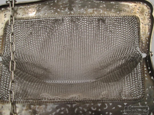 Silver mesh bag. Flowers openwork clutch frame. Chain. 1920's Silver mesh bag. Flowers openwork clutch frame. Chain. 1920's