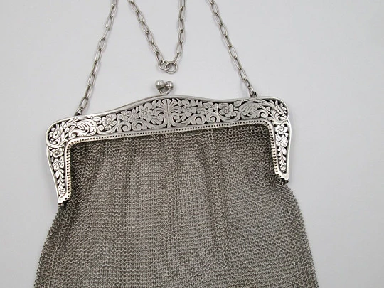 Silver mesh bag. Flowers openwork clutch frame. Chain. 1920's Silver mesh bag. Flowers openwork clutch frame. Chain. 1920's