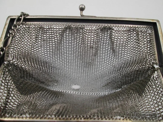 Silver mesh bag. Rectangular clutch frame. Chain. Ball clasp. 1920's