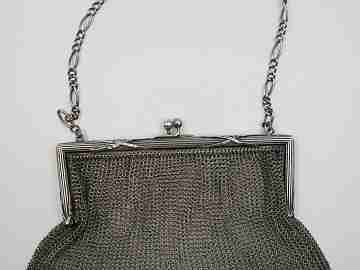 Silver mesh bag. Rectangular clutch frame. Chain. Ball clasp. 1920's