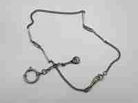 Silver plated metal pocket watch chain. Ovals and rectangles. Pendant with blue gem