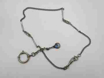 Silver plated metal pocket watch chain. Ovals and rectangles. Pendant with blue gem