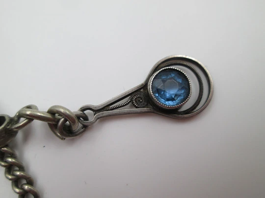 Silver plated metal pocket watch chain. Ovals and rectangles. Pendant with blue gem