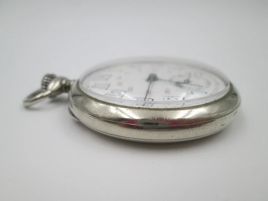 Silver plated open-faced pocket watch. Stem-wind. Porcelain dial. 24 hours scale. 1930's