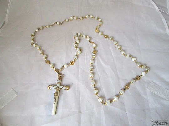 Silver vermeil rosary. Rosettes. Cross and beads mother of pearl