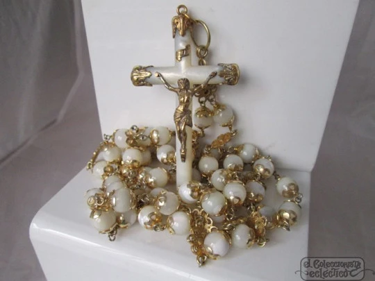 Silver vermeil rosary. Rosettes. Cross and beads mother of pearl