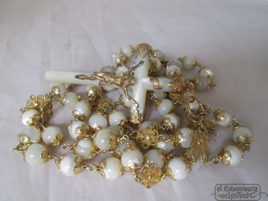 Silver vermeil rosary. Rosettes. Cross and beads mother of pearl