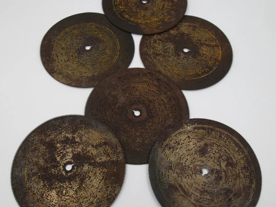 Six metallic records for Symphonion music box. Circa 1890. Germany