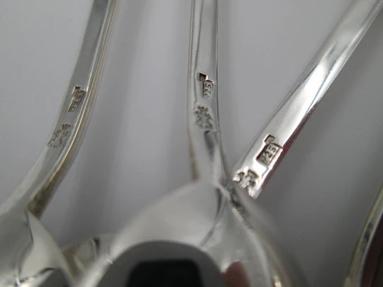 Six ornate coffee spoon set. 925 sterling silver. Roses with leaves on top. Spain. 1990's