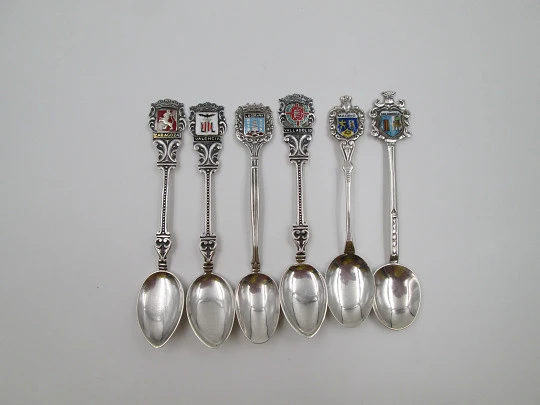 Six ornate spoon set. Silver & enamel. Spanish towns shields. 1980's