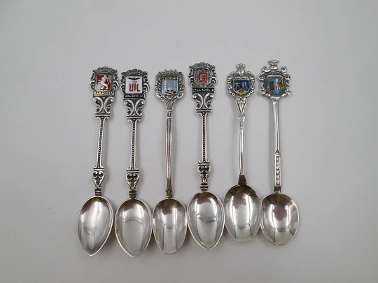 Six ornate spoon set. Silver & enamel. Spanish towns shields. 1980's