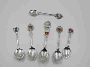 Six ornate spoon set. Sterling silver & enamel. Towns shields. 1980's