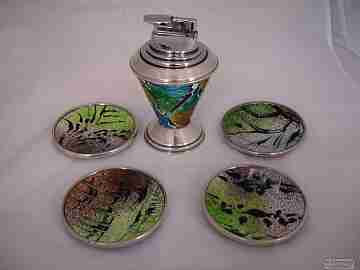 Smoking set. Table gas lighter and dishes / ashtrays. Silver and enamel