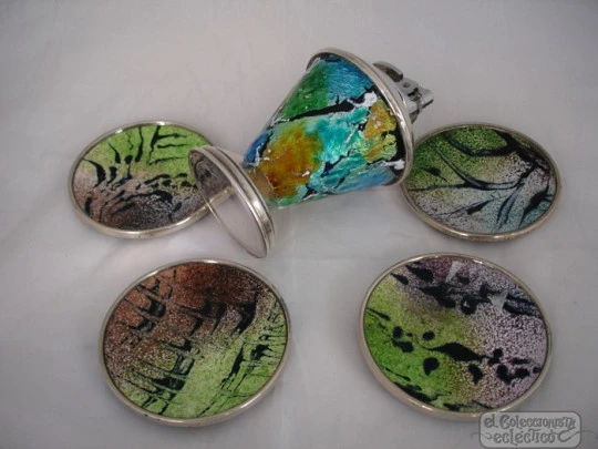 Smoking set. Table gas lighter and dishes / ashtrays. Silver and enamel