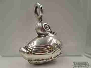 Sonajero infantil. Plata ley 925. Figura pato. Argolla. Años 60