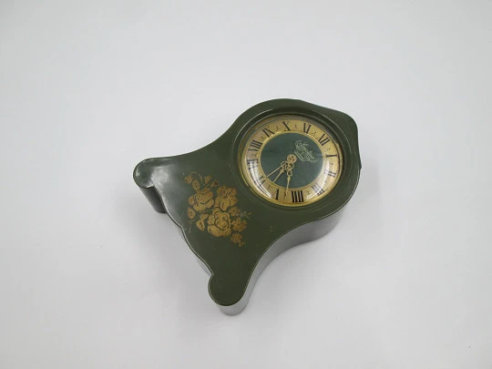 Sonatine musical table clock. Wind-up mechanism. Green bakelite & golden metal