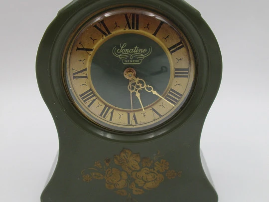 Sonatine musical table clock. Wind-up mechanism. Green bakelite & golden metal