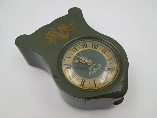 Sonatine musical table clock. Wind-up mechanism. Green bakelite & golden metal