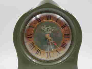 Sonatine musical table clock. Wind-up mechanism. Green bakelite & golden metal