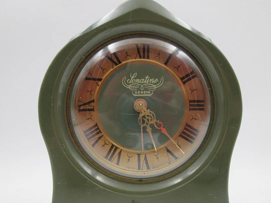 Sonatine musical table clock. Wind-up mechanism. Green bakelite & golden metal