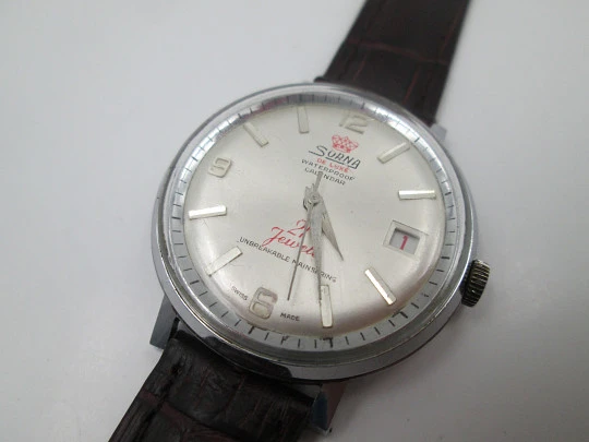 Sorna De Luxe. Stainless steel & chromed metal. Manual wind. Calendar. 1960's. Swiss