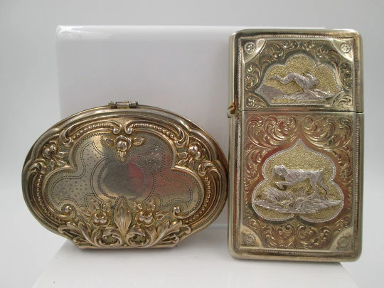 Souvenir set. Sterling silver vermeil. Purse & card holder. France. 1900